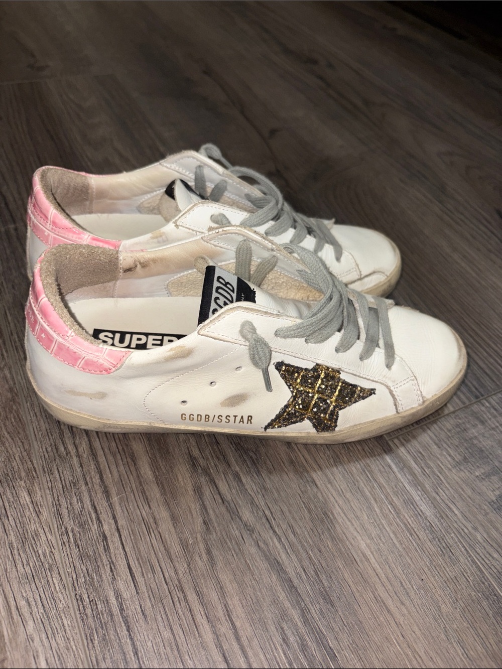 Golden Goose White Sneakers with Pink Heel and Gold Glitter Star
